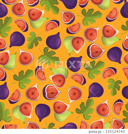 Seamless Pattern Featuring Figs On Yellow Background, Motif For Design Projects As Textiles, Wallpaper, Wrapping Paper 135124743