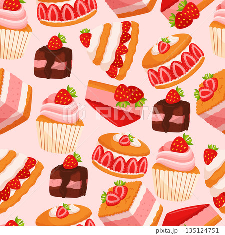 Seamless Pattern Featuring Delicious Strawberry Desserts Like Cakes, Tarts, And Muffins, Adorned With Red Strawberries Seamless Pattern Featuring Delicious Strawberry Desserts Like Cakes, Tarts, And Muffins, Adorned With Red Strawberries 135124751