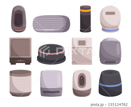 Set of Smart Home Voice Speaker Devices, Controls Home Automation, Plays Music, Answers Questions, Vector illustration Set of Smart Home Voice Speaker Devices, Controls Home Automation, Plays Music, Answers Questions, Vector illustration 135124762