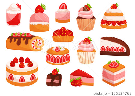 Delectable Assortment Of Strawberry Desserts, Including Strawberry Cake, Muffin, Shortcake, Cheesecake with Mousse 135124765