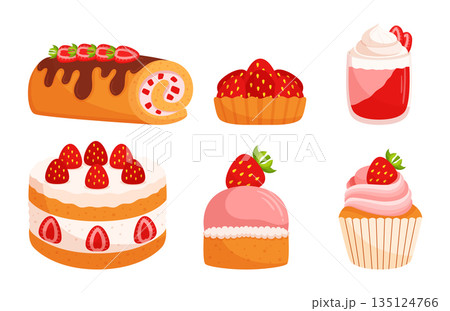 Delicious Assortment Of Strawberry Desserts. Sweet Treats Featuring Luscious Mouthwatering Cakes, Creamy Tarts 135124766