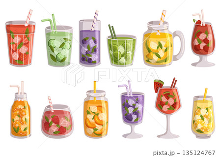 Summer Fruit Drinks Set. Strawberry, Cucumber with Mint, Blueberry, Lime or Lemon, Cherry, Orange, Raspberry and Peach 135124767