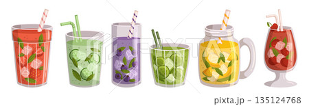 Summer Fruit Drinks Set. Strawberry, Cucumber With Mint, Blueberry, Lime Or Lemon, Cherry Fresh Cocktails 135124768