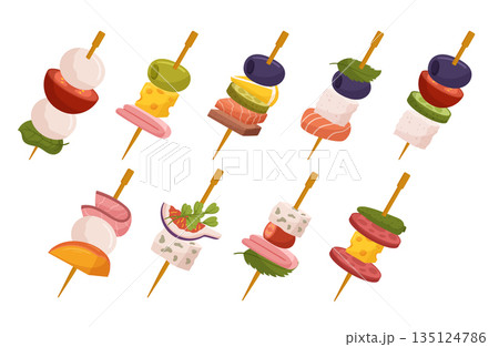 Exquisite Canape Set. Delightful Assortment Of Bite-sized Gourmet Treats, Elegantly Arranged On Sticks 135124786
