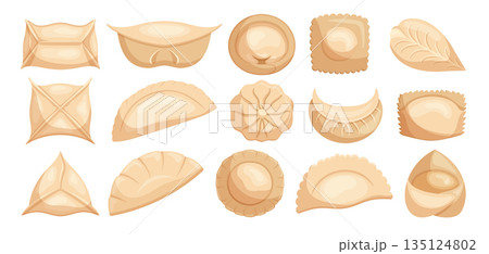 Set Of Dumplings, Small, Savory Parcels Of Dough Filled With Meat, Vegetables, Or Other Ingredients, Vector Illustration Set Of Dumplings, Small, Savory Parcels Of Dough Filled With Meat, Vegetables, Or Other Ingredients, Vector Illustration 135124802