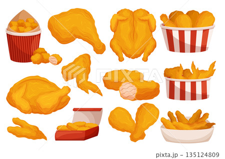 Delicious, Crispy Fried Chicken Legs, Wings, Nuggets Or Drumsticks. Popular Fast Food Choice For Satisfying Meals 135124809