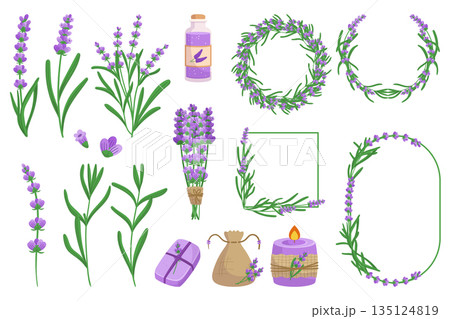 Lavender Elements Set, Collection Of Lavender-themed Elements, Including Flowers, Leaves, And Sprigs. Soap, Bottle 135124819