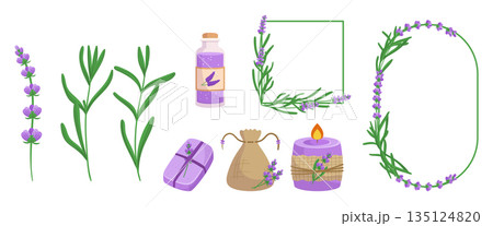 Lavender Elements Set. Soothing And Fragrant Items, Including Essential Oil, Candle, Bath Products, Borders And Decor Lavender Elements Set. Soothing And Fragrant Items, Including Essential Oil, Candle, Bath Products, Borders And Decor 135124820