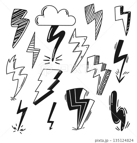 Black And White Lightning Icons Set. Collection Of Electrifying Symbols Capturing The Power Of Lightning, Elements 135124824