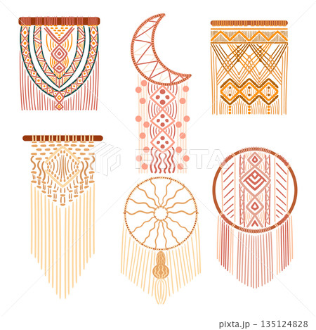 Set Macrame Decorative Items of Rope Or Twine. Knotting Cords In Specific Pattern and Cohesive Design, Bohemian 135124828