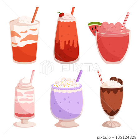Variety Indulgent Milkshakes. Creamy, Flavorful, And Irresistible. From Classic Chocolate And Vanilla To Unique Flavors 135124829