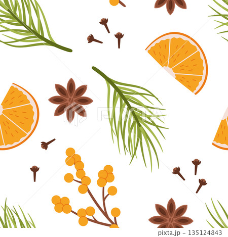 Festive Seamless Pattern Adorned With Christmas Plants, Pine Branches, Berries, Star Anise, Carnation Seeds And Orange Festive Seamless Pattern Adorned With Christmas Plants, Pine Branches, Berries, Star Anise, Carnation Seeds And Orange 135124843