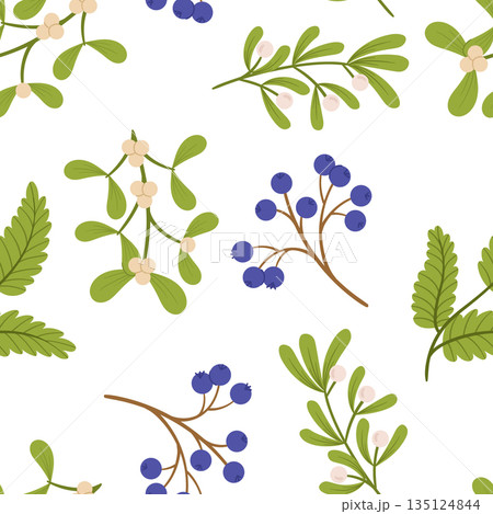 Seamless Pattern Adorned With Festive Christmas Plants, Mistletoe Branches and Evergreen Leaves, Vector Tile Background 135124844