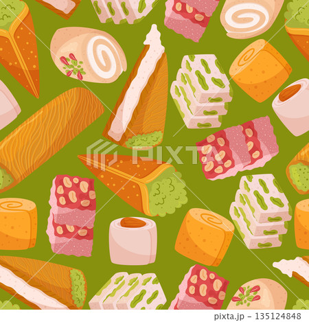 Seamless Pattern Showcasing A Delightful Array Of Eastern Sweets, Combining Rich Colors And Intricate Designs Seamless Pattern Showcasing A Delightful Array Of Eastern Sweets, Combining Rich Colors And Intricate Designs 135124848