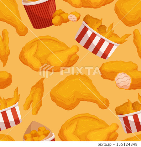 Seamless Pattern Featuring Delicious Fried Chicken Fast Food, With Crispy Golden Crust And Savory Seasonings Seamless Pattern Featuring Delicious Fried Chicken Fast Food, With Crispy Golden Crust And Savory Seasonings 135124849
