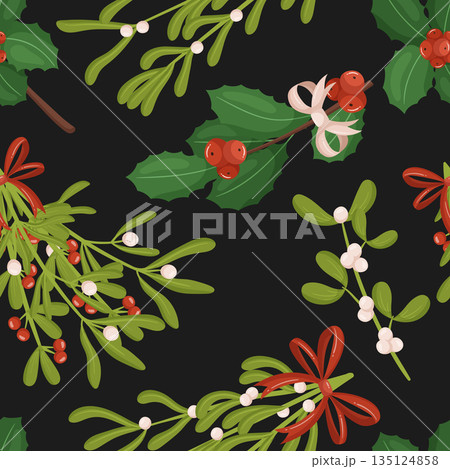 Seamless Pattern With Charming Mistletoe And Holly Berry Plants, Tile Design Perfect For Holiday-themed Projects 135124858