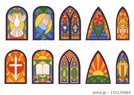 Set Of Church Stained Arched Windows Isolated Icons. Cathedral Mosaic Glasses With Spiritual Symbols Cross, Dove Set Of Church Stained Arched Windows Isolated Icons. Cathedral Mosaic Glasses With Spiritual Symbols Cross, Dove 135124864
