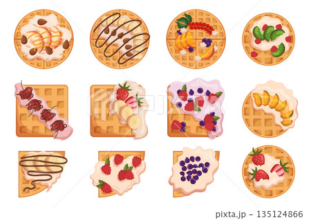 Set Of Belgian Waffles, Homemade Pastry Decorated With Fresh Berries And Fruits, Jam And Cream, Square And Round Wafers Set Of Belgian Waffles, Homemade Pastry Decorated With Fresh Berries And Fruits, Jam And Cream, Square And Round Wafers 135124866