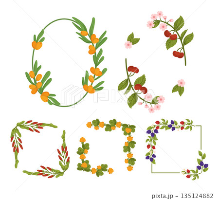 Delicate Frames Adorned With Vibrant Berries, Raspberry, Blackberry, Cloudberry, Sea Buckhorn, Cherry, And Barberry 135124882