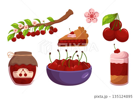 Set Of Cherry Berry Foods Offers A Delectable Range Of Fresh And Cooked Fruits, Including Jam, Sweet Dessert, Or Cake 135124895