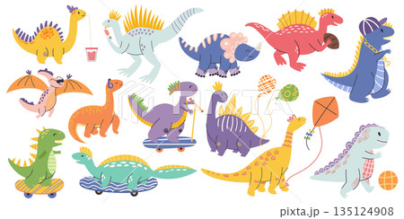 Adorable Dinosaur Characters, Playful, Colorful Children Designs, Featuring Friendly Vibrant Dinos In Various Poses 135124908