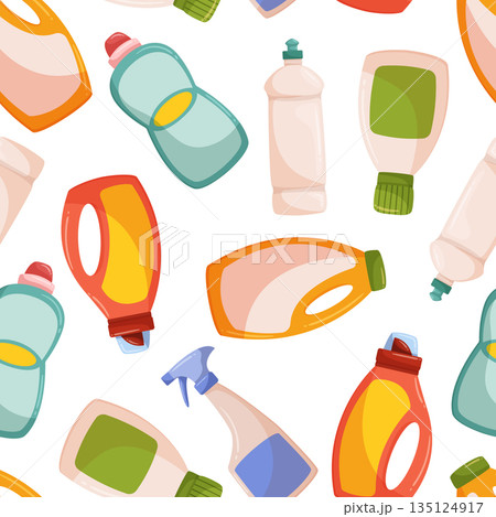 Seamless Pattern Featuring Bottles Of Detergent, Creating A Repetitive Design For Household Or Cleaning-related Projects Seamless Pattern Featuring Bottles Of Detergent, Creating A Repetitive Design For Household Or Cleaning-related Projects 135124917