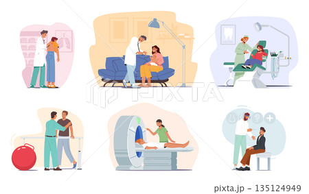 Doctor Character Attentively Listens To Concerned Patients. Pulmonologist, Otolaryngologist, Dentist Doctor Character Attentively Listens To Concerned Patients. Pulmonologist, Otolaryngologist, Dentist 135124949