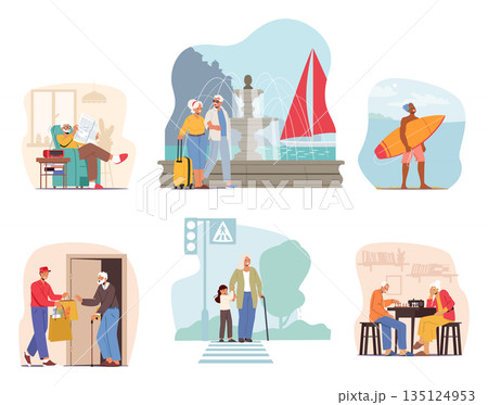 Set Of Senior Characters Life Scenes. Pensioner Reading Newspaper, Old Couple Travel With Luggage, Engage Surfing Sport 135124953