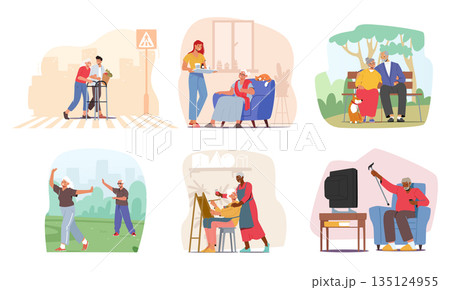 Set Elderly Characters Engage Outdoor Sport, Crossing The Road, Visit Artist Workshop, Watching Movies, Sitting On Bench Set Elderly Characters Engage Outdoor Sport, Crossing The Road, Visit Artist Workshop, Watching Movies, Sitting On Bench 135124955