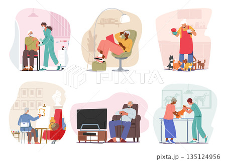 Set of Old Characters Hobbies and Everyday Activities. Old People Apply Vaccination in Hospital, Reading, Painting Set of Old Characters Hobbies and Everyday Activities. Old People Apply Vaccination in Hospital, Reading, Painting 135124956