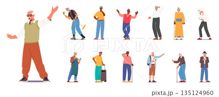 Set Of Elderly Male Characters Rock Musician With Microphone, Old Man Thinking, Dancing, Travel With Luggage 135124960