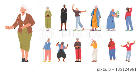 Set Of Senior Female Characters Lifestyle. Old Women Dance, Feel Pain, Use Photo Camera And Care Of Houseplants 135124961