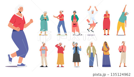 Set Of Senior Female Characters Doing Sport Exercises, Jumping, Travel Or Hiking With Backpack, Wear Indian Dress Set Of Senior Female Characters Doing Sport Exercises, Jumping, Travel Or Hiking With Backpack, Wear Indian Dress 135124962
