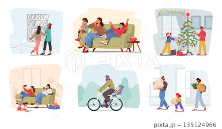 Set Family Scenes With Parents And Children Characters Visit Art Exhibition, Watching Movies, Decorate Christmas Tree Set Family Scenes With Parents And Children Characters Visit Art Exhibition, Watching Movies, Decorate Christmas Tree 135124966