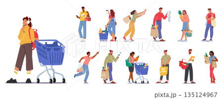 Set Diverse Group Of Male and Female Characters Happily Shopping For Groceries, Filling Their Carts With Fresh Produce Set Diverse Group Of Male and Female Characters Happily Shopping For Groceries, Filling Their Carts With Fresh Produce 135124967