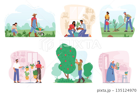 Set of Enthusiastic Gardener Characters Nurturing Lush Greenery, Tending To Vibrant Blooms, Vector Illustration 135124970
