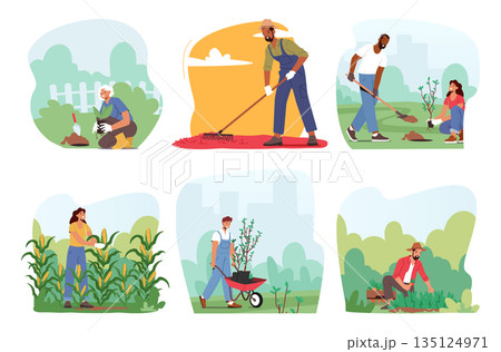 Set of Characters Immersed In Gardening, Hands In Soil, Nurturing and Harvesting Plants, Radiate Joy Amidst Nature 135124971