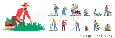 Set Of Gardener Characters Nurture Nature Beauty. With Skillful Hands And Deep Connection To The Earth 135124973