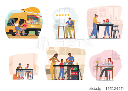 Set of Characters Eat and Cook. Couple Dining at Outdoor Cafe, Food Critic in Restaurant, Food Blogger Record Video 135124974