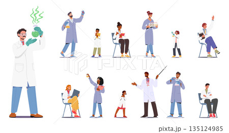 Set Scientist Kids and Adult Characters In Lab Coats, Engaged In Collaborative Research With State-of-the-art Equipment 135124985