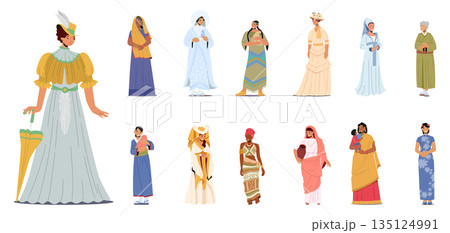 Set Of Female Characters Wearing Historical Costumes. Women Dressed As Victorian Lady, Wear Native American, Indian 135124991