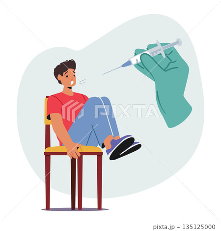 Young Man Character Displaying Fear And Apprehension At The Sight Of An Injection. Concept Of Phobias, Fear 135125000
