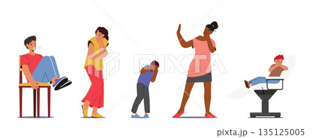 Set of Kid and Adult Characters Experience Phobia Of Injections, Displaying Anxiety And Fear Isolated on White Set of Kid and Adult Characters Experience Phobia Of Injections, Displaying Anxiety And Fear Isolated on White 135125005
