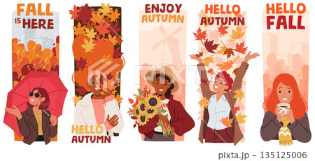 Autumn Girls Embracing The Season With Cozy Sweaters, Warm Hues And Vibrant Leaves, Flowers And Umbrella Autumn Girls Embracing The Season With Cozy Sweaters, Warm Hues And Vibrant Leaves, Flowers And Umbrella 135125006
