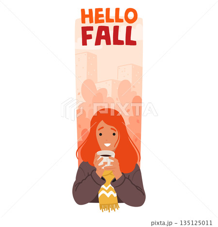 Young Redhead Woman Sips A Steaming Hot Drink Amid The Colorful Foliage Of Autumn. Female Character Finding Warmth 135125011