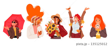 Autumn Women Embrace The Season With Leaves In Their Hearts And Cozy Layers On Their Bodies, Vector Illustration 135125012