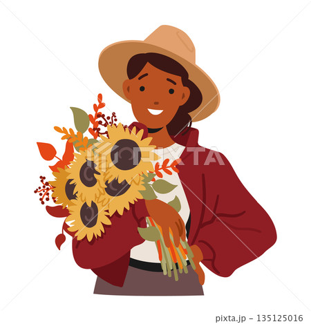 Young Woman Radiates Joy, Holding A Vibrant Autumn Bouquet. Colors Of Red, Orange, And Gold Complement 135125016