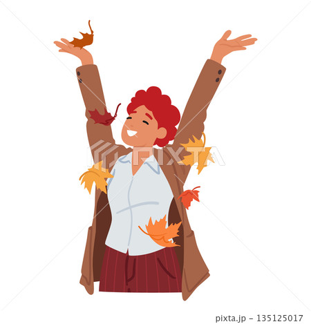 Radiant Young Woman Joyfully Tosses Up Vibrant Autumn Leaves, Creating Whimsical Cascade Of Colors In Crisp Air 135125017