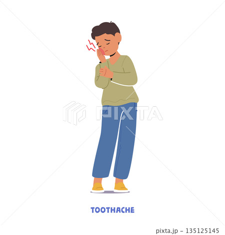 Child Boy Character With Toothache Pain, Experience Discomfort, Sensitivity, Swelling, Or Difficulty Eating. Dental Care Child Boy Character With Toothache Pain, Experience Discomfort, Sensitivity, Swelling, Or Difficulty Eating. Dental Care 135125145