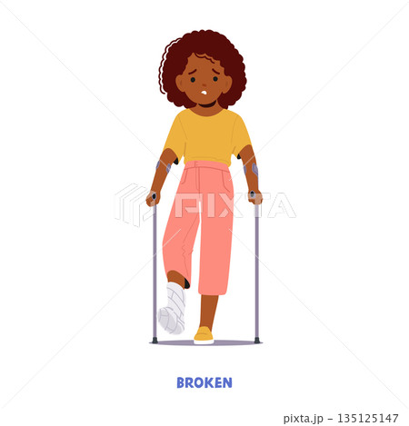 Child Girl Character With Foot Fracture, Wearing A Cast Or Splint, Experiencing Limited Mobility, Vector Illustration Child Girl Character With Foot Fracture, Wearing A Cast Or Splint, Experiencing Limited Mobility, Vector Illustration 135125147